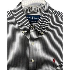 Ralph Lauren Men 16 1/2 34/35 Black White Stripe Long Sleeve Button Up Hong Kong
